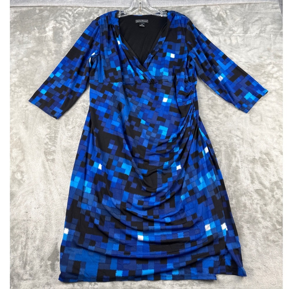 Jessica Howard Dress Womens 18W Faux Wrap Blue Black Pixelated Geometric EUC